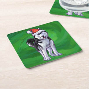 Feiernder Husky in Weihnachtsmannmütze auf Green Rechteckiger Pappuntersetzer
