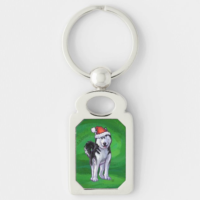 Feiernder Husky in Weihnachtsmannmütze auf Green Schlüsselanhänger (Vorderseite)