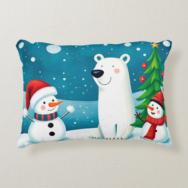 Feiernder Schneemann und Eisbär feiern Winter Dekokissen (Vorderseite)