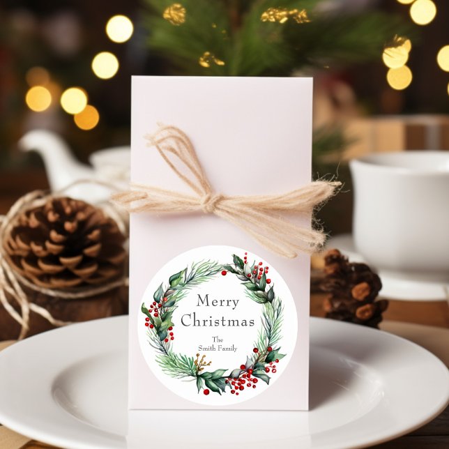 Feiertag Berry Wreath mit Namen Runder Aufkleber (Von Creator hochgeladen)