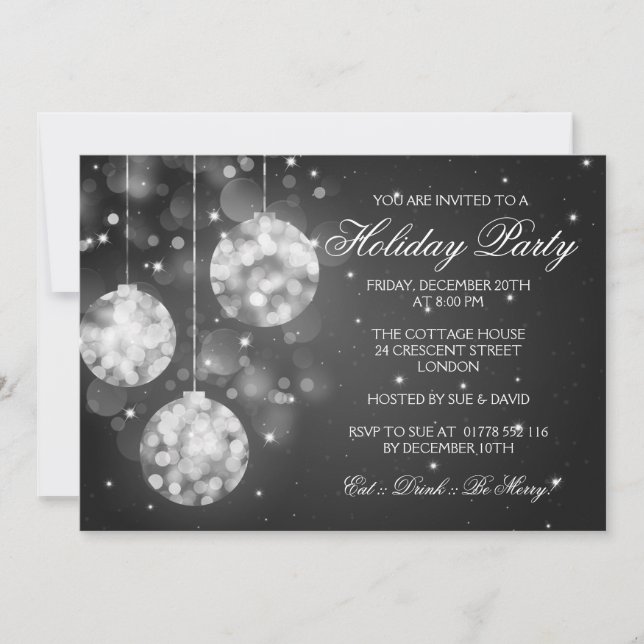 Feiertag Einladung Sparkling Baubles Schwarz (Vorderseite)