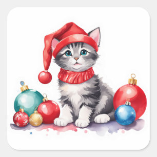 🎨 Feiertags-Kätzchen spielt mit Weihnachtsdekorat Quadratischer Aufkleber