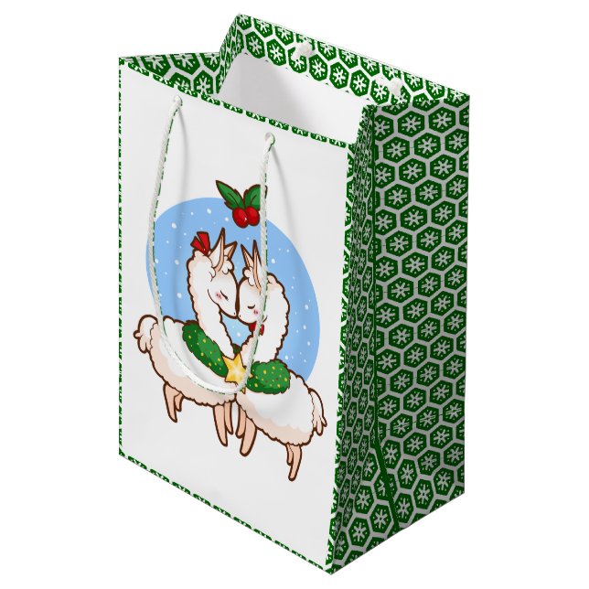 Feiertags-Liebe-Lamas Mittlere Geschenktüte (Vorderseite Schrägansicht)