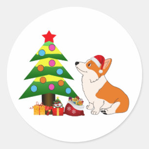 Feiertags-Walisercorgi-Cartoon mit Baum Runder Aufkleber