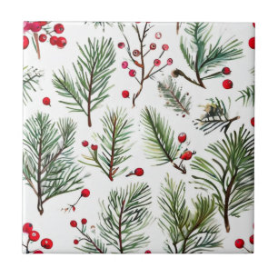 Feiertagsrote Beeren & Kiefernwald-Design Fliese