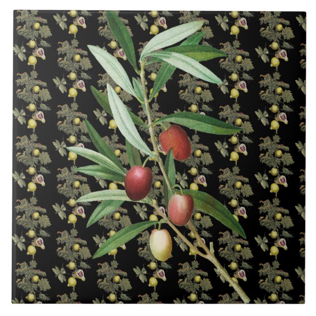 Feigenblatt und Olivenzweig Botanisch Schwarz Rust Fliese (Vorderseite)