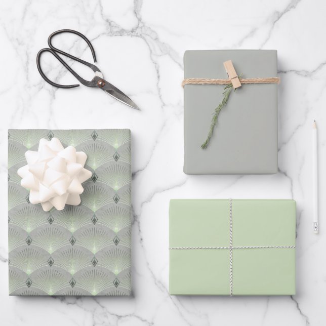 Fein grün und grau, Art Deko. Geschenkpapier Set (Vorderseite)