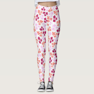 Fein rotes und rosa Blumenmuster auf Weiß Leggings