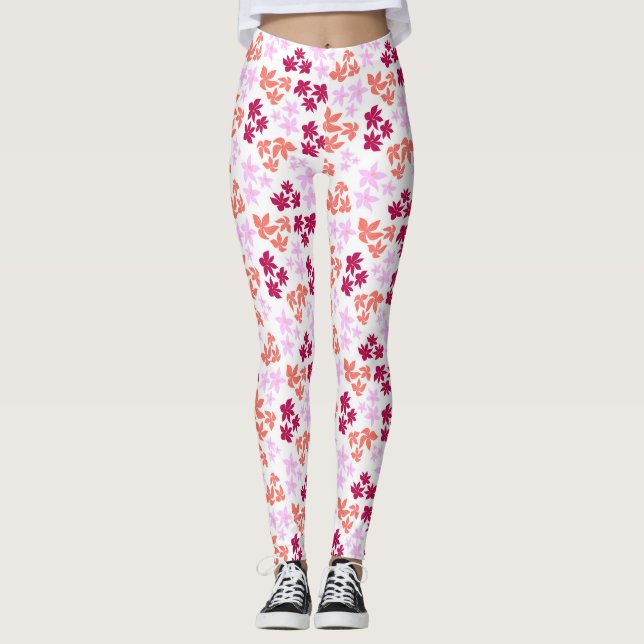 Fein rotes und rosa Blumenmuster auf Weiß Leggings (Vorderseite)