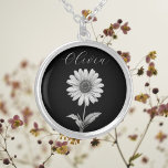 Feine, individuell anpassbare Blüte Versilberte Kette<br><div class="desc">Delikate Schwarz-Weiß-dunkle Blume anpassbar Necklace. Personalisieren Sie Ihre Daten mit Namen und Schriftart. Sie können auch die Hintergrundfarbe nach Ihren Vorlieben ändern.</div>