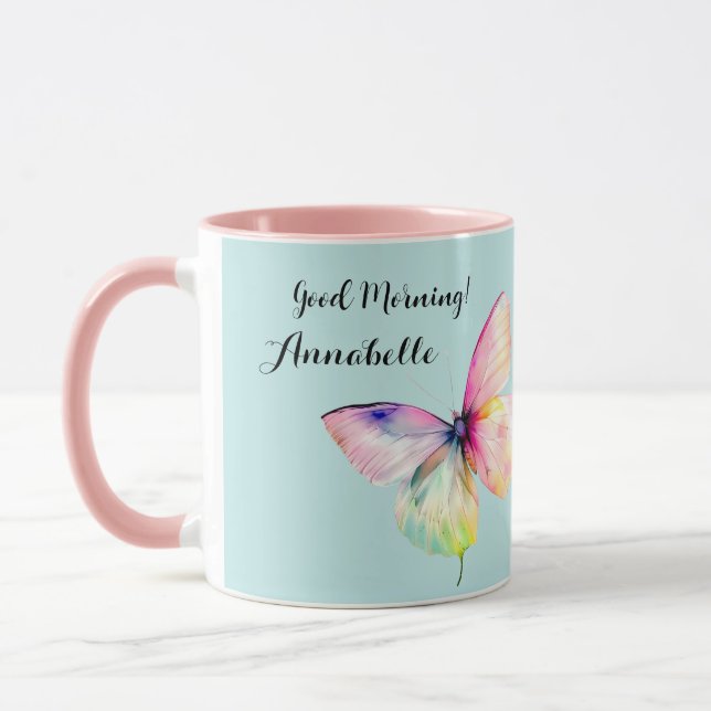Feine rosafarbene Schmetterlinge in Pastellfarben Tasse (Links)