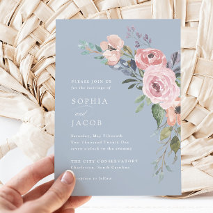 Feine Rose Light Blue Wedding Einladung