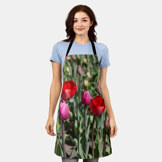 Feine rote und lila Tulpen Schürze (Getragen)