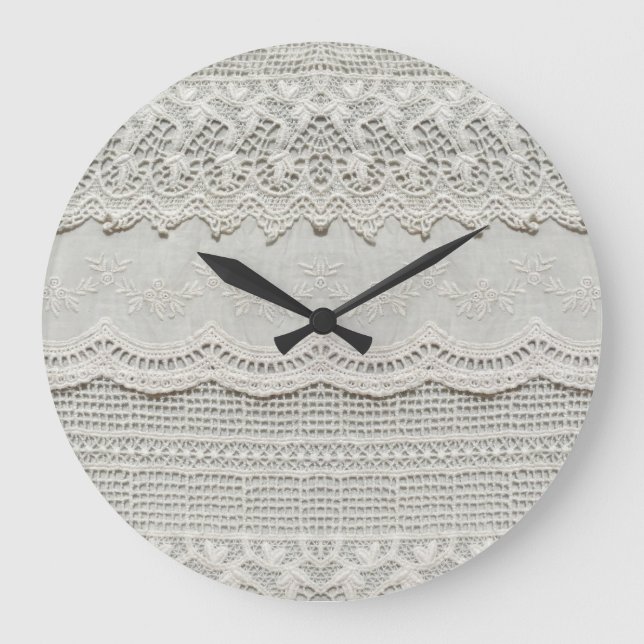 Feine weiße Spitze, textil nah-up. Große Wanduhr (Vorderseite)