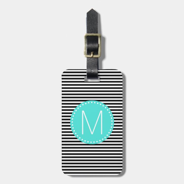 Feiner schwarzer Streifen mit Türkis-Monogramm Gepäckanhänger (Vorderseite vertikal)