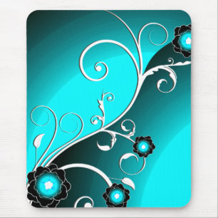 Feines Aqua Silber Süß Mädchen Retro Floral Mousepad