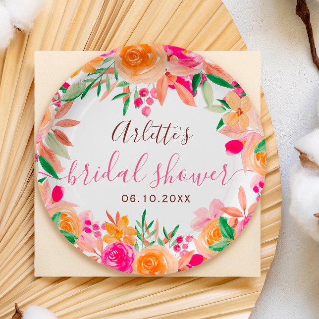 Feines fallflorales Brautparty willkommen Pappteller (Bold fall floral watercolor bridal shower welcome paper plates)