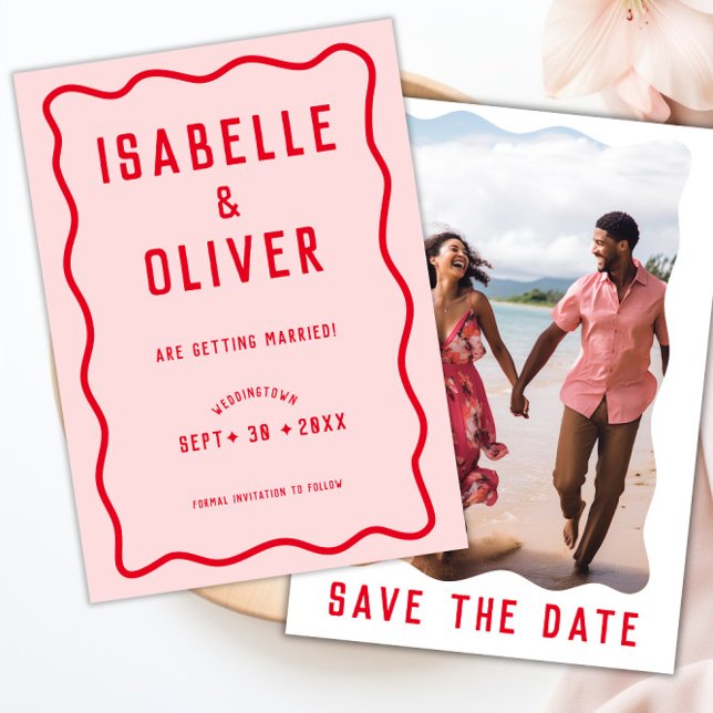 Feines, hellrosa, rosa, gequigges, wavy Retro-Foto Save The Date (Bold Bright Pink Red Squiggle Wavy Retro Photo Save The Date)