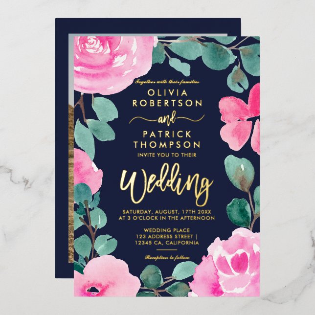 Feines rosa Marinebarre Foto Hochzeit Folieneinladung (Vorderseite/Rückseite)