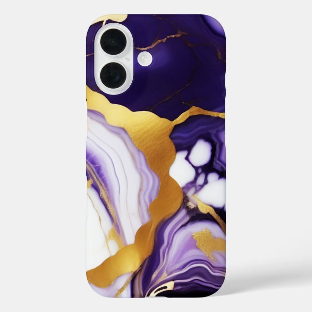 Feines trendy lila-gelbes Gold-Imitat-Marmor iPhone 16 Hülle (Rückseite)