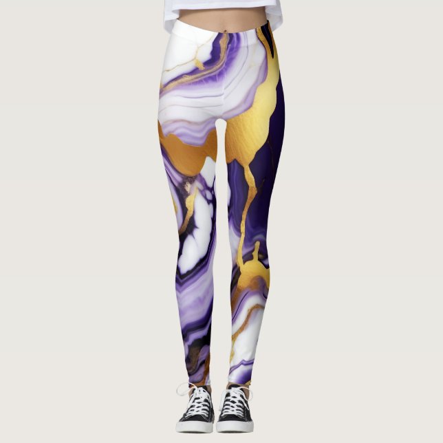 Feines trendy lila-gelbes Gold-Imitat-Marmor Leggings (Vorderseite)
