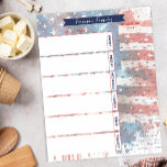 Feinkostplaner & Einkaufsliste Patriotische Wasser Notizblock<br><div class="desc">Patriotic American Flag Familienmahlplaner und Einkaufsliste für eine organisierte Woche, die jeder Familie voraus ist. Diese Vorlage für den Feinkostplaner kann durch eine Änderung der Formulierung angepasst werden. Sie können es für Veranstaltungen und Termine oder für weitere Nischenanforderungen nach Bedarf ändern. Macht eine tolle Geschenkidee für den Muttertag der Neuvermählten...</div>