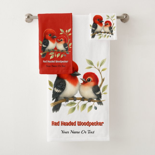 Feisty Red-kopfender Woodpecker Badhandtuch Set (Insitu)