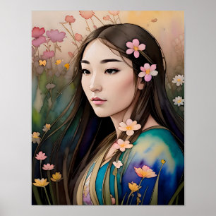 Feld der Blumen Schöne Frau Blumen im Haar Poster