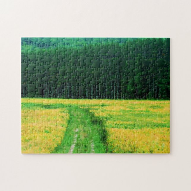 Feld der gelben Blumen Pinien Bäume Natur Malerei (Horizontal)