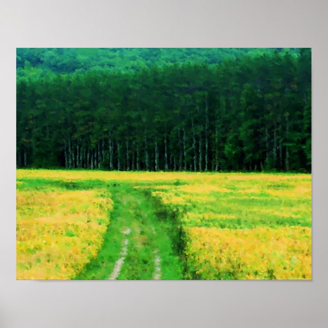 Feld der gelben Blumen Pinien Bäume Natur Malerei Poster (Vorne)
