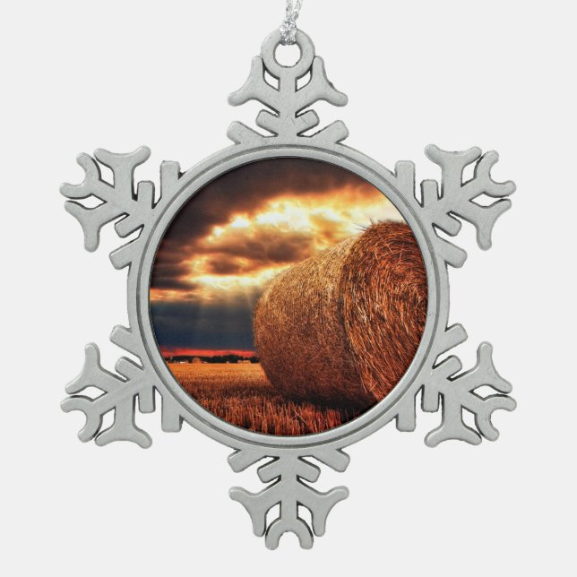 Feld der Heu-Ballen Schneeflocken Zinn-Ornament (Vorderseite)