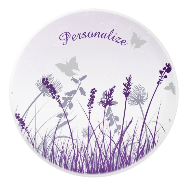 Feld der Lavendel Blume Schmetterlinge personalisi Keramikknauf (Vorderseite)