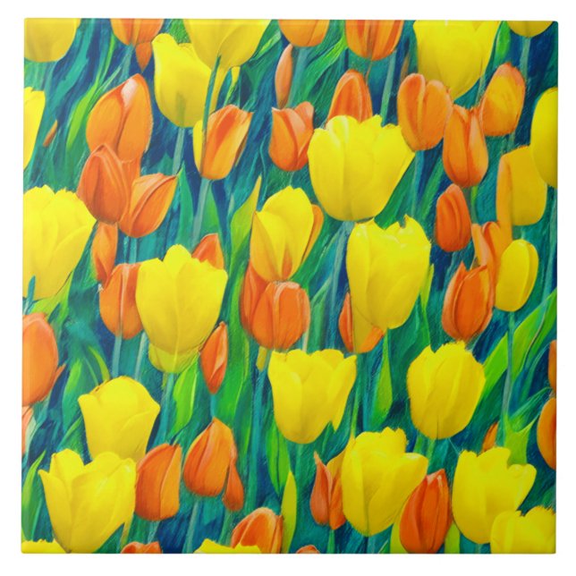 Feld der orangen und gelben Tulpen Fliese (Vorderseite)