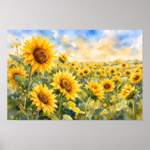 Feld der Sonnenblumen – Aquarell Sonnenblume Poster
