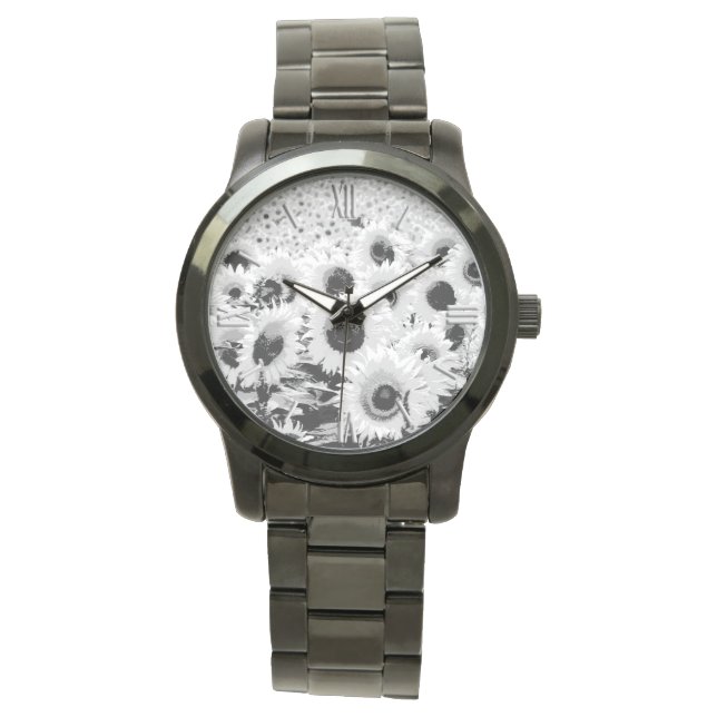 Feld der Sonnenblumen - schwarz, weiß und grau Armbanduhr (Vorderseite)