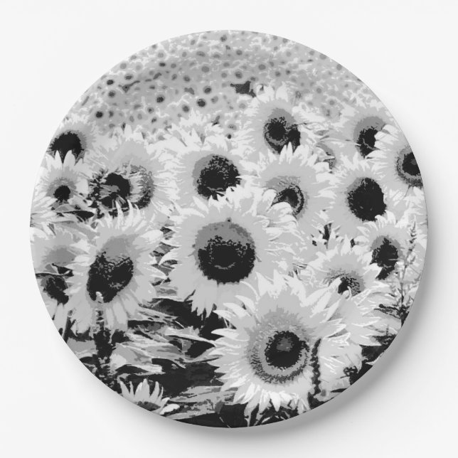 Feld der Sonnenblumen - schwarz, weiß und grau Pappteller (Vorderseite)