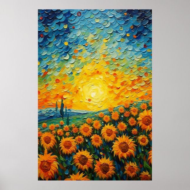 Feld gefüllt mit Sonnenblumen Poster Kunst, Dichtu (Vorne)