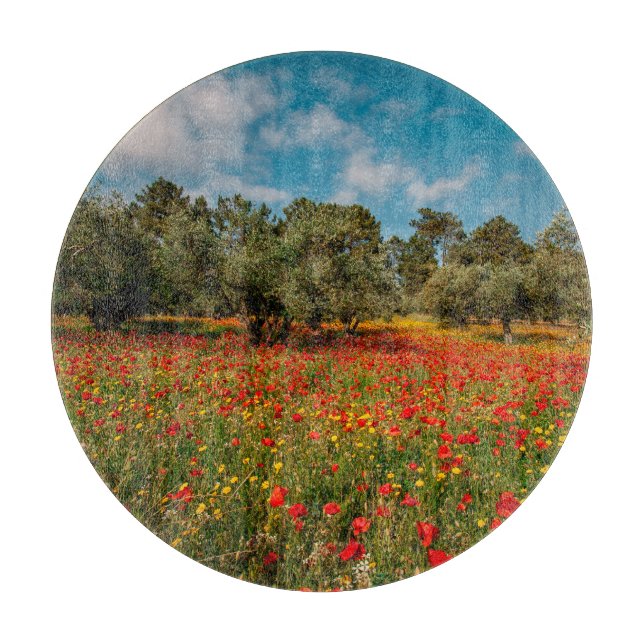 Feld mit Blume und Bäumen Schneidebrett (Vorderseite)