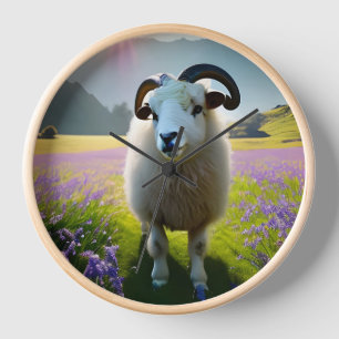 Feld mit lila Blumen und flauschigen Schafen Uhr