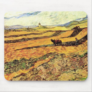 Feld mit Pflüger und Mühle von Vincent van Gogh Mousepad