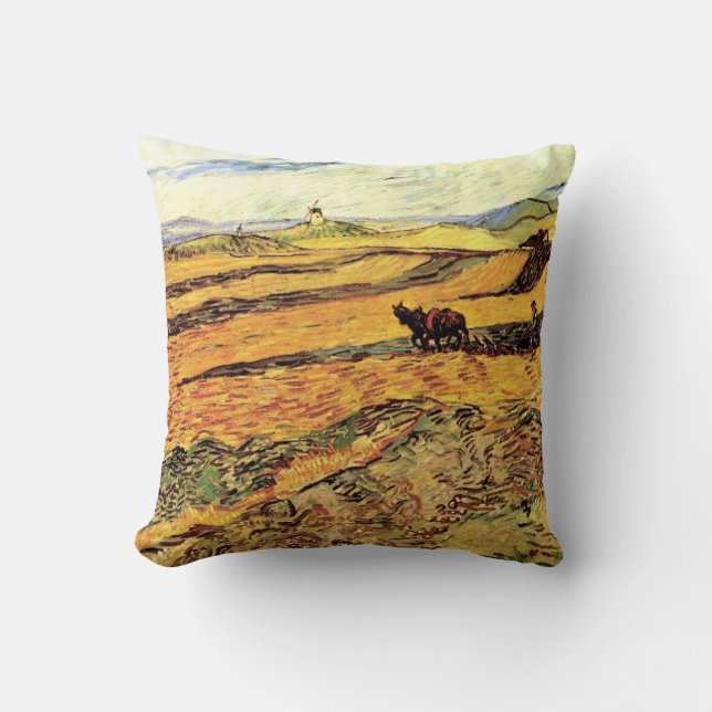 Feld mit Plowman und Mill von Vincent van Gogh Kissen (Vorderseite)