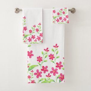 Feld tiefrosa Wasserfarbenblüten Badhandtuch Set
