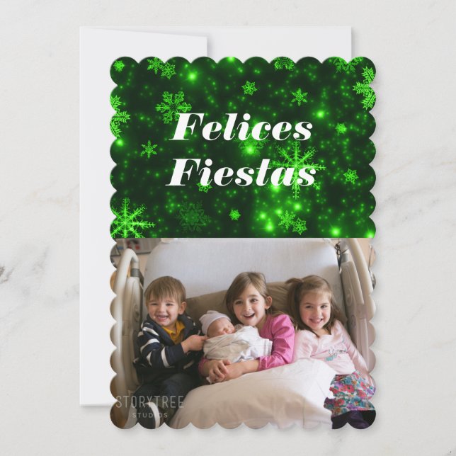 Felices Fiestas Snowflakes avec carte Green Flat (Devant)