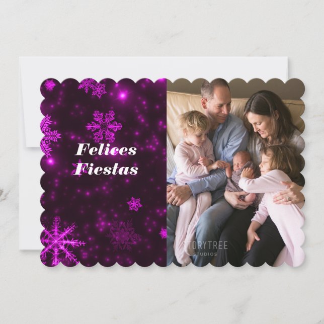 Felices Fiestas Snowflakes Tief Lila Flachkarte Einladung (Vorderseite)