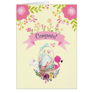 Félicitations Bébé - Fleurs, Un Œuf, Flamant Rose 
