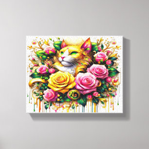 Feline Amidst ein lebhaftes Blumenblut 10x8 Leinwanddruck