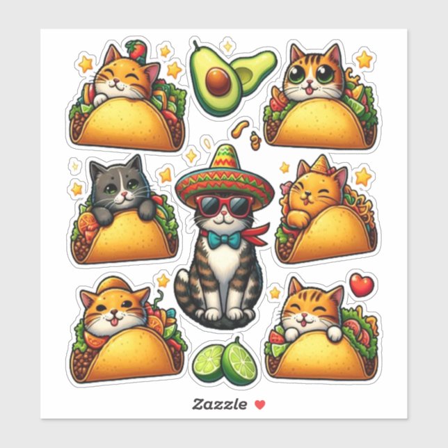 Feline Fiesta: Katzen und Tacos Aufkleber (Blatt)