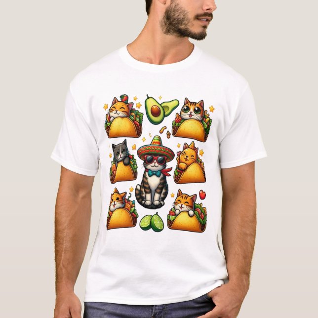 Feline Fiesta: Katzen und Tacos T-Shirt (Vorderseite)