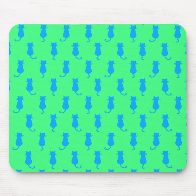 Feline Fun Forever Whimsical Blaue Katzen Limegrün Mousepad (Vorne)