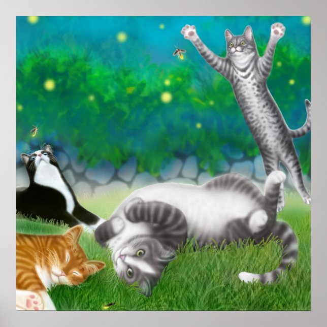 Feline Fun with Fireflies Poster (Vorne)